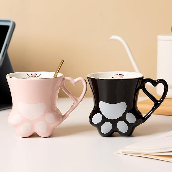 Cat Paw Coffee Mug - Pink and Black Set of 2, Perfect for Cat Lovers, Enjoy Your Coffee with These Cute Cat Paw Mugs, 10oz, Couple&Wedding, Best Festival Gifts(Black&Pink)