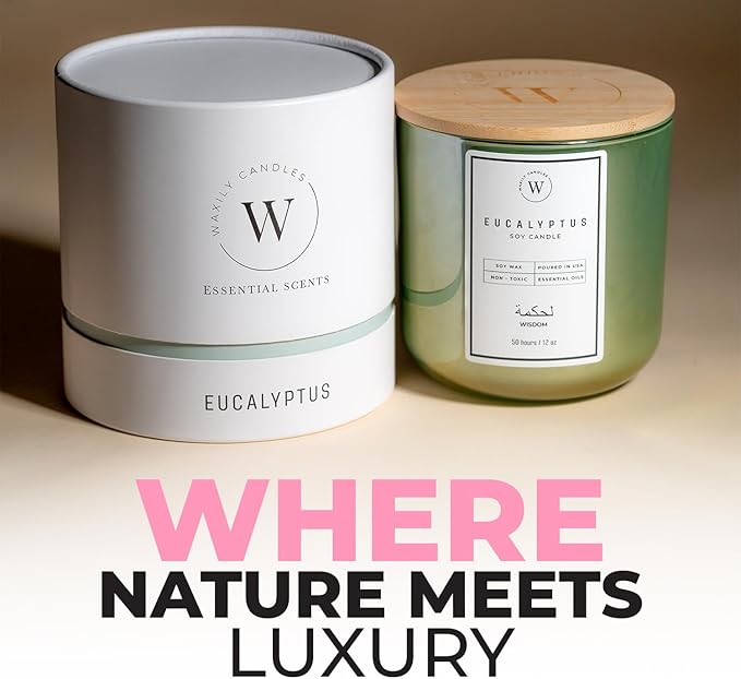 Waxily Eucalyptus Soy Candle | Aromatherapy Candles | Non Toxic, Long Lasting, Large Essential Oil Candle | Luxury Gift, Clean Burning, Home Spa, Stress Relief, Vegan, Eco Friendly, Natural | 12oz