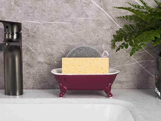 6.5" Ceramic Mini Decorative Clawfoot Bathtub Bar Soap Dish, Kitchen Sponge Holder and Shower Tray for Bathroom, 1 Pack(Burgundy)