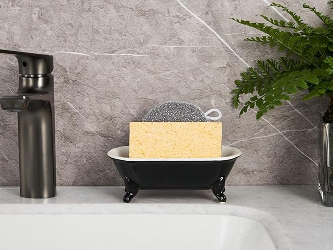 6.5" Ceramic Mini Decorative Clawfoot Bathtub Bar Soap Dish, Kitchen Sponge Holder and Shower Tray for Bathroom, 1 Pack(Black)