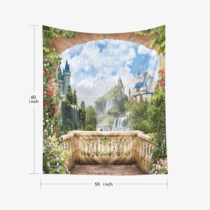 EMMTEEY Scenic Tapestry View from Balcony of Waterfalls with Castles - Living Room 50x60 Inches Present for Families