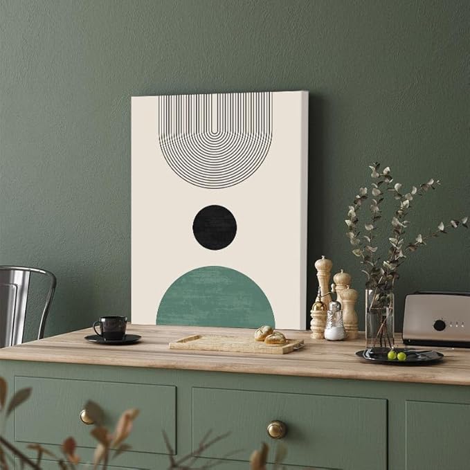 Sage Green Boho Wall Art, KBKBART Abstract Framed Canvas Wall Art for Living Room, Minimalist Beige Green Sun Geometry Black Line Artwork Paintings, Modern Sage Green Boho Room Decor, Green Wall Decor