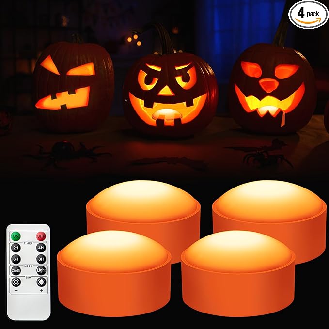 Halloween LED Pumpkin Lights, Blinking Battery Operated Lights with Remote Control and Timer, Dimmable Halloween Candle Lights for Halloween Decorations and Pumpkin Decorations - 4 Pack, Orange