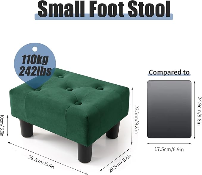 BRIAN & DANY Small Foot Stool, Velvet Foot Stools with Legs, Stable Small Footstool for Living Room, Green