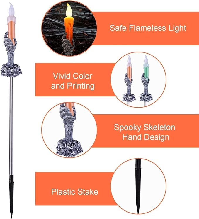 ILLUMINEW Halloween Decorations Outdoor, 5 Pack Solar Pathway Lights, LED Skull Hand Candle Holder, Outdoor Party Home Garden Porch Decor