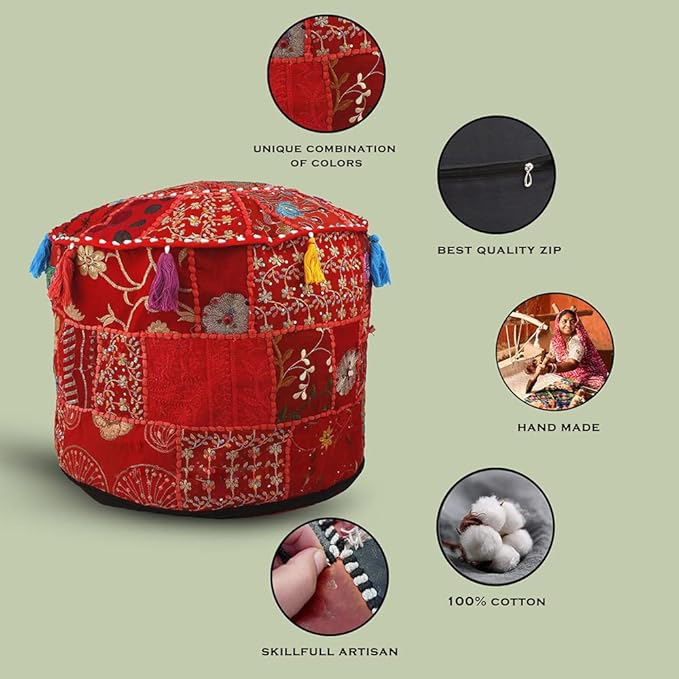 Aakriti Gallery Indian Pouf Footstool Ethnic Embroidered Pouf Cover - Round Ottoman Pouffe - Red, 18x13