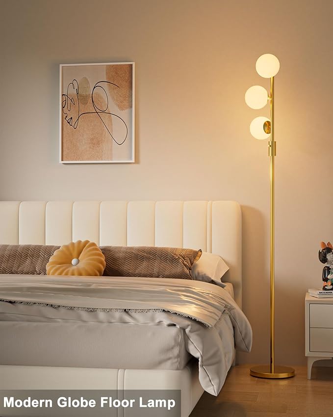 64IN Dimmable Gold Floor Lamp, Tall Standing Lamps with 3 Globe Soft Warm White Eye Care 3000K G9 Bulbs, Mid Century Modern Floor Lamp for Bedroom Office