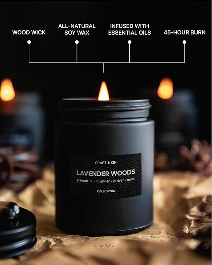 Craft & Kin Scented Candle Set for Men | Wood & Vanilla, Smokey Fireside, Lavender & Wood Candles