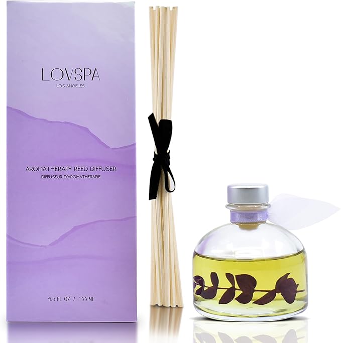 LOVSPA Lavender & Eucalyptus Scented Sticks Reed Diffuser Set - DE-Stress Scented Sticks - Relaxing Blend of Woody Lavender, Sage, Eucalyptus & Rosemary Essential Oils