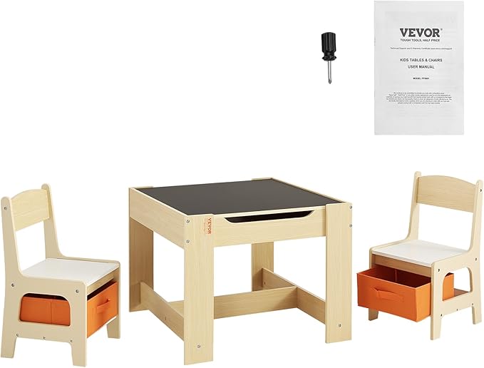 VEVOR Kids Table and Chair Set, 3 in 1 Wooden Activity Table with Storage Space and Boxes, Detachable Tabletop Kids Play Table for Toddlers Art, Craft, Reading, Learning