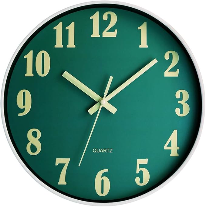 JoFomp Glow in The Dark Clock, 12 Inch Modern Silent Non Ticking Wall Clocks Battery Operated, Night Light Wall Clock for Living Room Decor, Wall Clock Decorative for Kitchen Bedroom (Green)