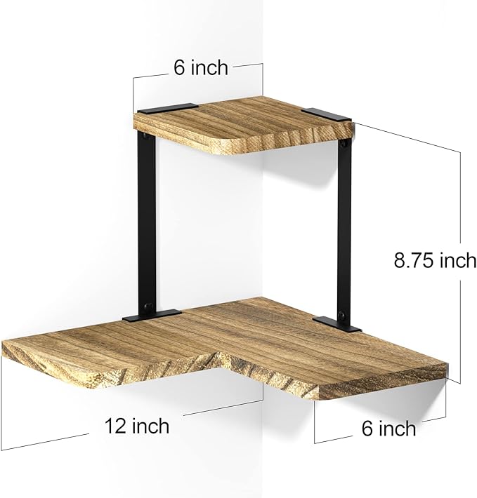 SRIWATANA Rustic Corner Shelf, 2-Tier Wood Wall Shelf, Wall Mounted Storage Shelves for Bedroom, Living Room, Bathroom, Carbonized Black