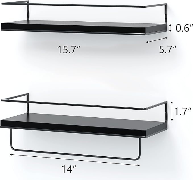 SHARIO Black Wood Floating Shelves - Set of 2, Wall Mounted Hanging Shelves with Black Towel Rack, Decorative Storage Shelves for Bathroom, Kitchen, Living Room & Bedroom