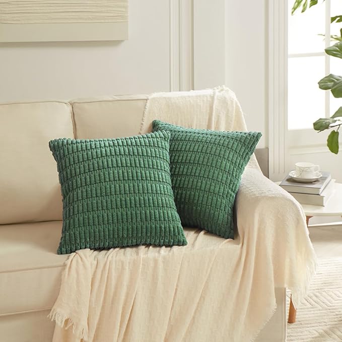 Fancy Homi 4 Packs Green Decorative Throw Pillow Covers 24x24 Inch for Living Room Couch Bed, Holiday Christmas Home Decor Gift, Soft Plush Corduroy Cute Square Accent Cushion Case 60x60 cm
