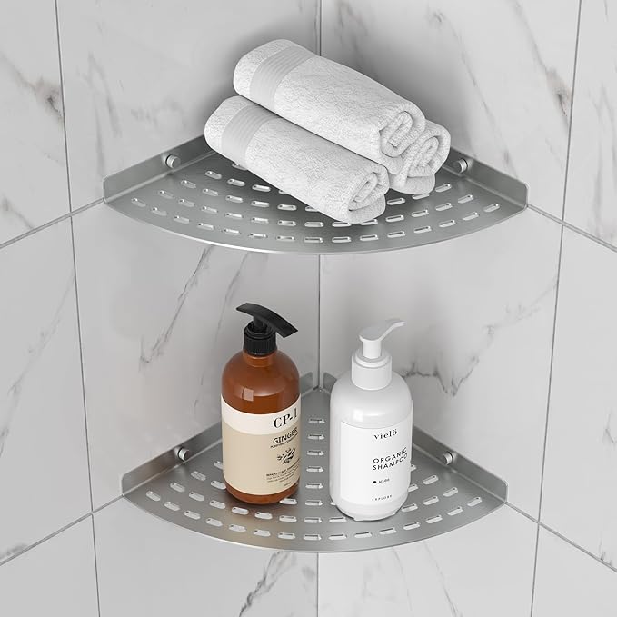 2 Pack Corner Shower Shelves 304 Stainless Steel Shower Corner Shelf Brushed Nickel Bathroom 8 in Prevent Rust Drilling Installation