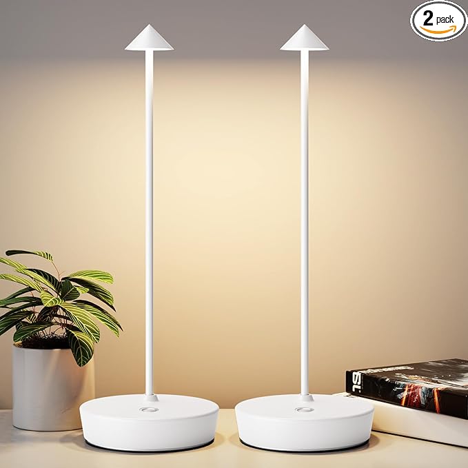 2Pack Rechargeable Cordless Table Lamp, Portable Powered LED Battery 6000mAh Metal USB Desk Lamp, 3 Levels Brightness Light for Restaurants Outdoor (2pack White)