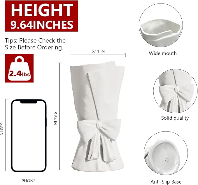White Ceramic Bow Vase Unique Cute Decorative Bouquet Flower Vases 9.64 in