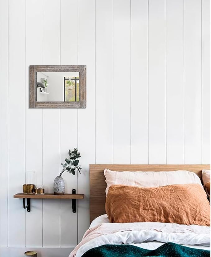 Rustic Wood Framed Wall Mirror Farmhouse Rectanglular Vintage Antique Decor Hanging Mirror for Bathroom Bedroom Living Room Entryway Small