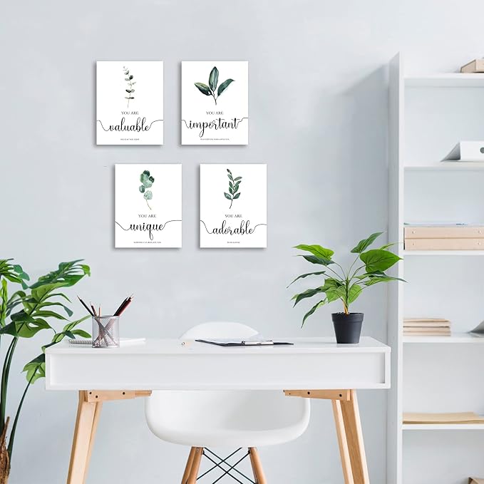 FRAMED Motivational Wall Art, Inspirational Quote Wall Art, Boho Botanical Leaf Wall Decor, Office Study Living Room Bedroom Decor, Set of 4, 8x10 inch (20x25 cm)
