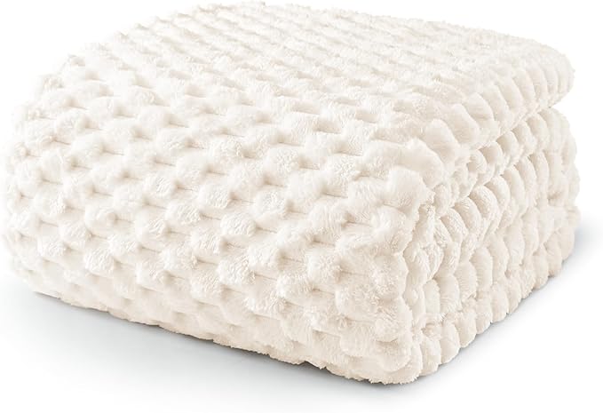 Exclusivo Mezcla Queen Size Soft Fleece Blanket, 90x90 Inches Stylish Jacquard Velvet Blanket for Bed, Fuzzy Cozy Lightweight for All Season, Ivory