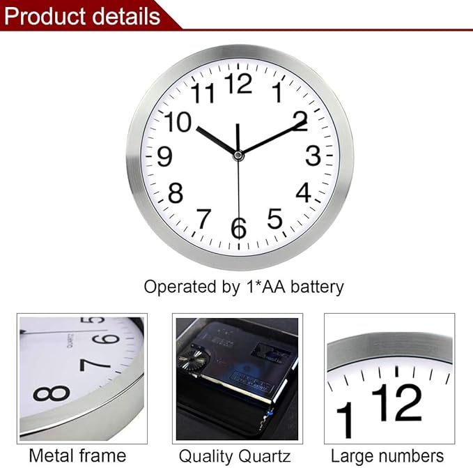 Wall Clock Metal Frame Glass Cover Non-Ticking Number Quartz Wall Clock 12inch Modern Quartz Design Decorative Indoor/Kitchen Silver