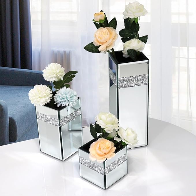Crushed Diamond Mirrored Vase Pack of 3 Pieces Small Middle Large. Crystal Silver Mirror Glass Stunning Decorative Flower Vase Luxury for Home Decor. Can’t Hold Water.