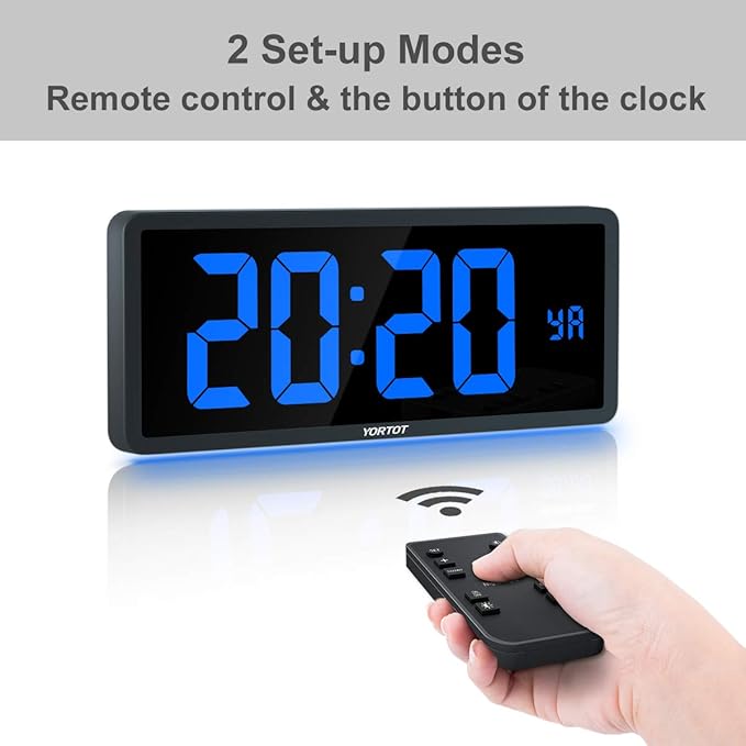 YORTOT 16 Inch LED Wall Clock with 7 Color Decor Night Light Big LED Clock with Indoor Temperature, Date, Auto DST, 12/24Hour, Wall Mount/Foldable Stand