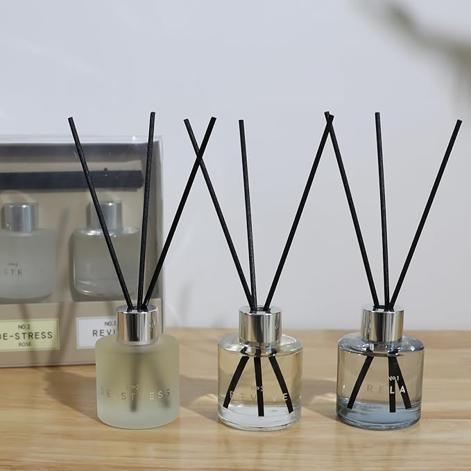 3 Pack Fragrance Reed Diffuser, 50ML Lavender Jasmine Freesia Aromatherapy Diffuser Set with 12 Black Fiber Sticks,Air Freshener for Bedroom Bathroom Office, 8.2X 6.6X 2.1 inch