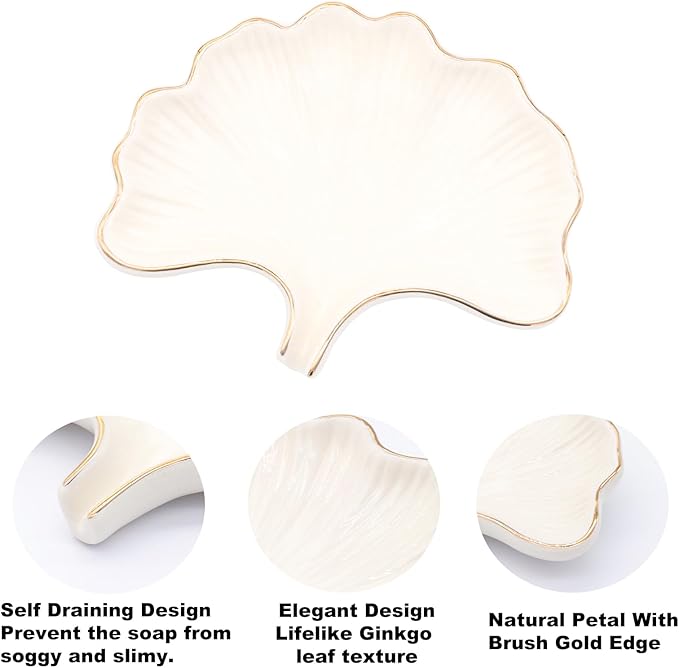 Ginkgo Leaf Style Ceramic Self Draining Soap Dish Waterfall Soap Dish Soap Savers for Bathroom,Shower,Bar Counter