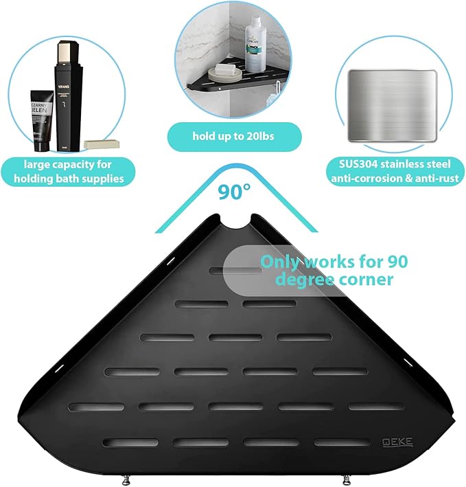 Corner Shower Shelf, 9" Corner Shower Caddy, SUS304 Stainless Steel Shower Organizer Wall Mount Corner Shelf with 2 Hooks for Bathroom, Dorm and Kitchen, Matte Black (2 Pack)