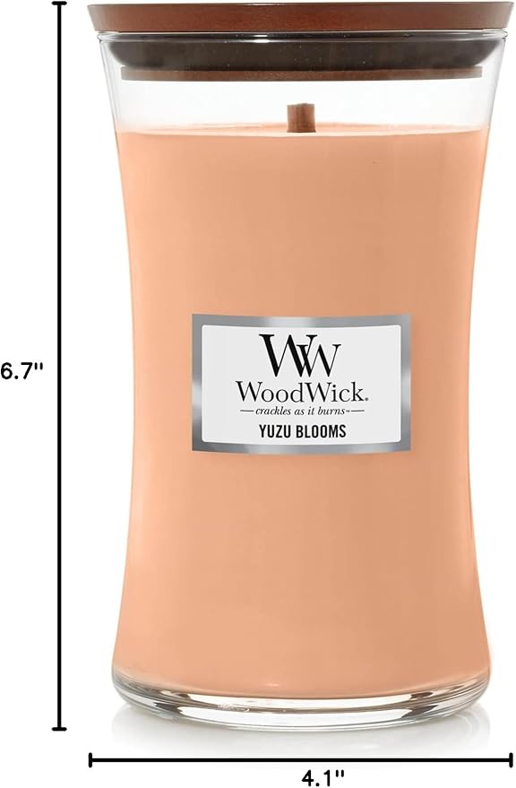 WoodWick Yuzu Blooms Scented Large Hourglass Candle, Crackles as it burns, Up to 180 hrs burn time, Perfect for gifting or home décor, 21oz
