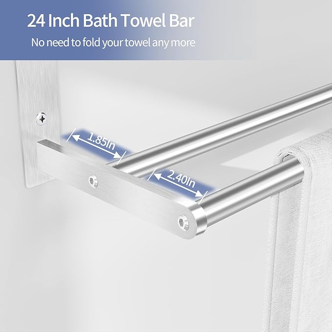 Towel Racks for Bathroom Wall 24 Inch, 3 Tier Bathroom Towel Shelf with Double Towel Bar, Stainless Steel Towel Rack with Towel Shelf, Towel Hanger Holder for Bathroom Towel Storage, Brushed Nickel