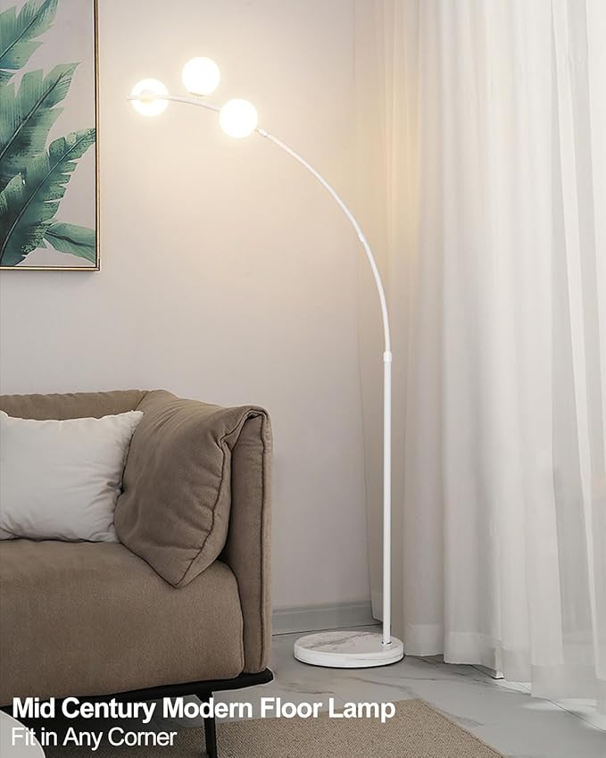 Lightdot 3 Globe Arc Floor Lamp for Living Room, Contemporary White Arched Floor Lamp with Shatterproof Shade, Bulbs Included, Modern Standing Lamp for Living Room