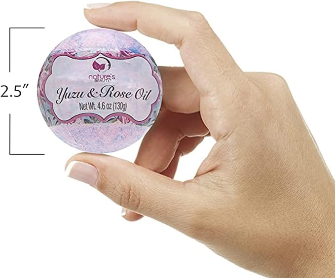 Nature's Beauty Yuzu & Rose Oil Bath Bomb Multi-Pack - Natural Hand Crafted, Non-Staining, Luxury Fizzy Spa Bomb, Nourish Dull + Dry Skin, Made w/Coconut Oil + Witch Hazel, 4.6 oz (4 Pack)
