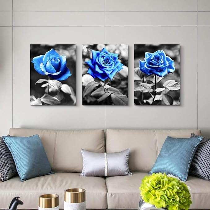 bedroom Wall Art for living room bathroom Wall Decor for kitchen family pictures artwork Black and white Blue rose flowers Canvas paintings 16" x 24" 3 Pieces framed Modern office Home decorations
