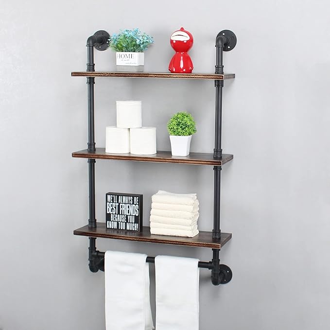 Industrial Pipe Shelving,Iron Pipe Shelves Industrial Bathroom Shelves with Towel bar,24in Rustic Metal Pipe Floating Shelves Pipe Wall Shelf,3 Tier Industrial Shelf Wall Mounted,Retro Black
