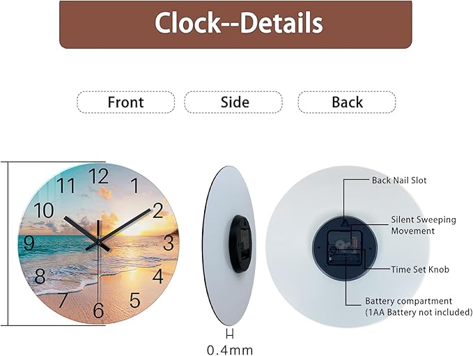 Analog Round Wall Clock for Living Room Decor Glass Blue Wall Clock Silent Beach Coastal Wall Clock Battery Operated 14 Inch