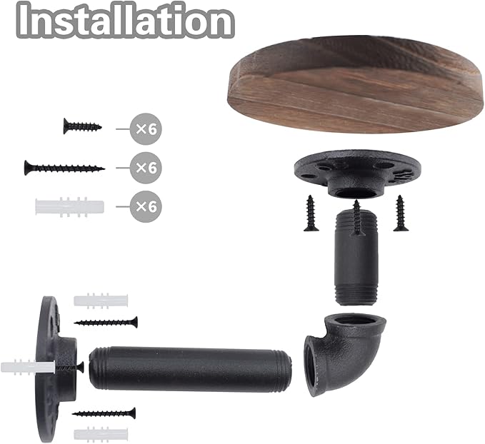5.9inch Wall Mounted Floating Shelves Round Display Rack with Metal Industrial Pipe Brackets, Rustic Wood Shelving for Bedroom, Bathroom, Living Room, Kitchen, Set of 2