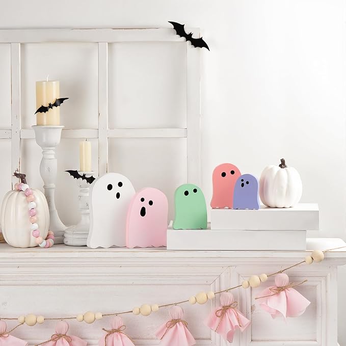 Halloween Table Decorations Indoor: 5ct Halloween Cute Ghost Decorations, Pink White Macaron Colors Ghosts Wood Signs, Pastel Girly Halloween Desk Decor for Mantel Home Office Farmhouse Party Gifts