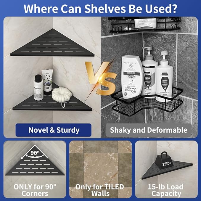 Corner Shower Shelf, 12" Matte Black 304 Stainless Steel Slot Design Recessed Corner Shelves 2 Pack Bathroom Shelf Rack for Tiled Wall, Large Size
