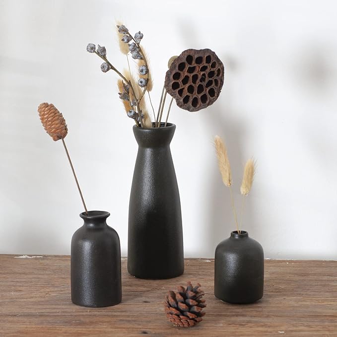 CEMABT Black Ceramic vase Set-3 Small Flower vases for Decor,Modern Boho Farmhouse Home Decor,Decorative vase for Pampas Grass&Dried Flowers,idea Shelf,Table,Bookshelf ,Entryway- Distressed