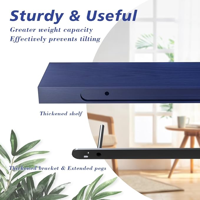 Floating Shelves, Bathroom Wall Shelf for Home Decor, 23.6 Inch Natural Wood Rustic Decor Shelf, Hanging Mounted Invisible Bracket, Set of 2, Navy Blue