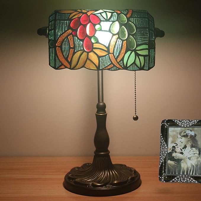 Tiffany Style Bankers Table Lamp Stained Glass Piano Desk Lamp Vintage Bedroom Bedside Lamp for Study,Antique Alloy Base,Zipper Switch,Grape
