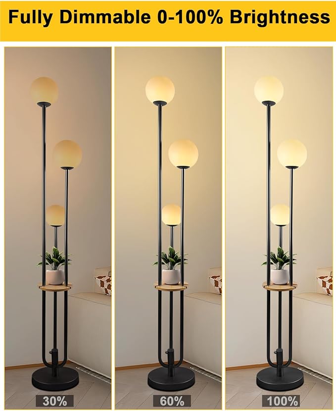 63IN Dimmable Floor Lamp with Shelf, Unique Globe Black Tall Standing Lamps with 3 Poles, 3000K Warmwhite Mid Century Modern Floor Lamp for Living Room Home Office(Bulbs Included)