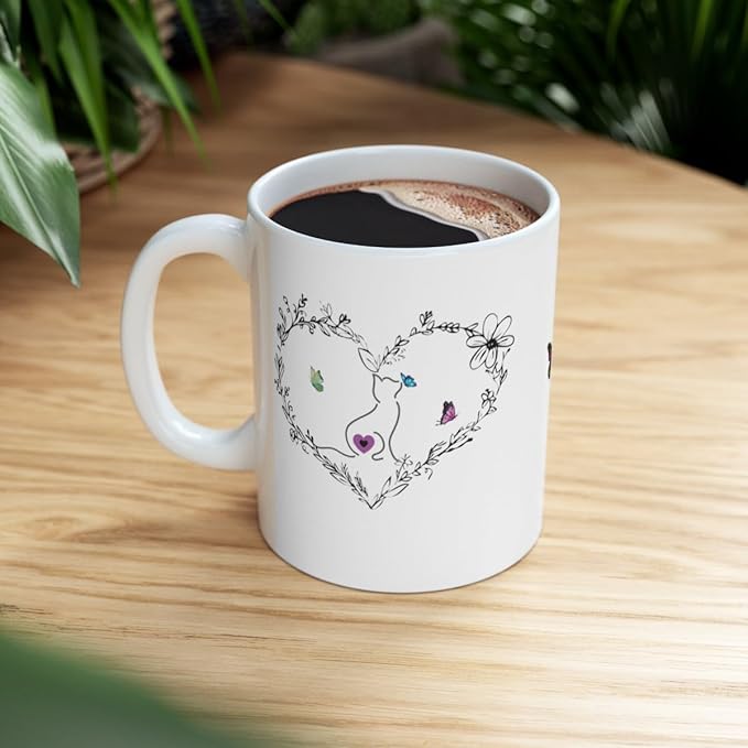 Cat Kissing a Butterfly Ceramic Coffee Mugs for Women, Black Heart Mug with a Kitty Kissing Butterflies, Cute Mugs Aesthetic (11oz), White, 17390492692989885872