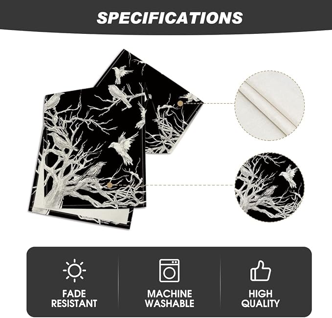 Artoid Mode Silhouette Tree Grey Crows Halloween Table Runner, Branches Fall Kitchen Dining Table Decoration for Outdoor Home Party 13x72 Inch