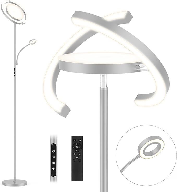 FIMEI 3 in 1 Floor Lamp, Modern Bright Standing Lamp with Split Rotatable Outer Ring Light and Small Reading Light, 4 Color and Dimmable, 3-Way Independent Control for Living Room Office, Gray