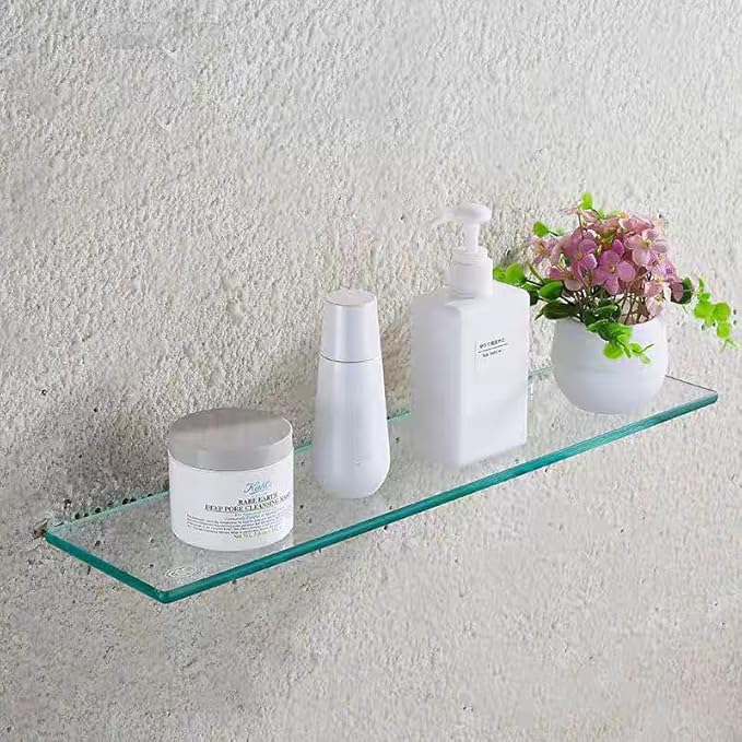 Glass Bathroom Shelf Wall Mounted 9.84 inches Tempered Glass Stainless Steel Tempered Transparent Glass with Chrome Bracket for Bathroom Bedroom Kitchen Balcony