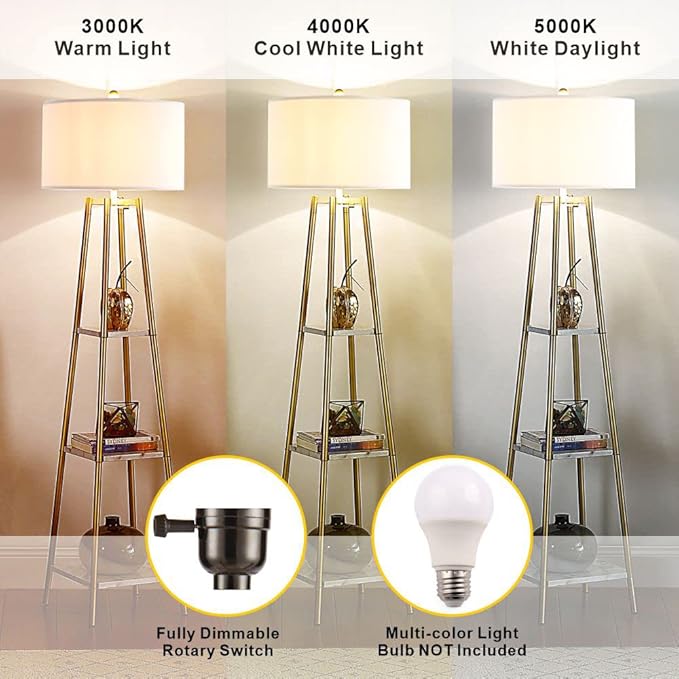 Floor Lamp, Standing Reading Light with Shelves and Gold Shade, Modern Tall Pole Lamp, Accent Furniture Décor Lighting for Living Room, Bedrooms (Gold, White Shade)