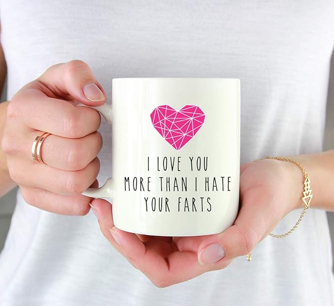 Andaz Press Valentine’s Day Funny 11oz. His Her Couples Coffee Mug Gift, I Love You More Than I Hate Your Farts, Pink Heart Graphic, 1-Pack, Gift Box